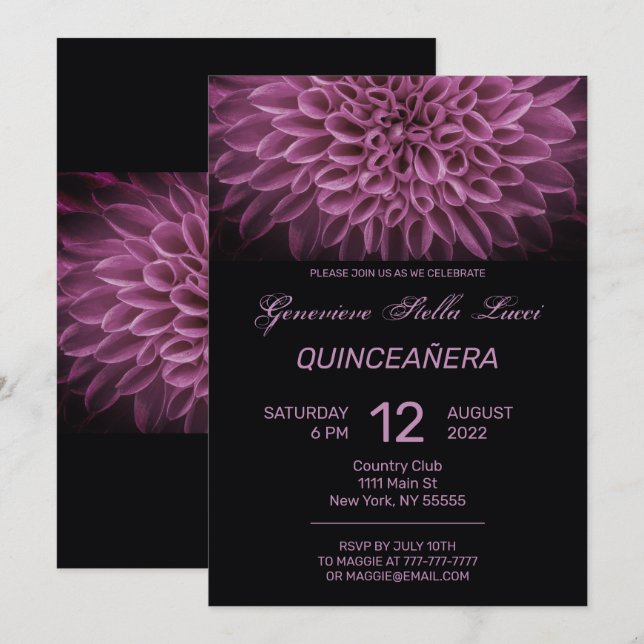 Invitación de fiesta de Quinceañera floral rosa de (Anverso / Reverso)