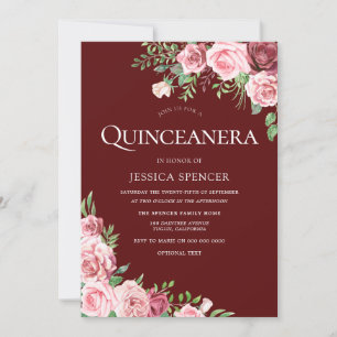 Invitación de fiesta de Quinceañera floral rosa y 