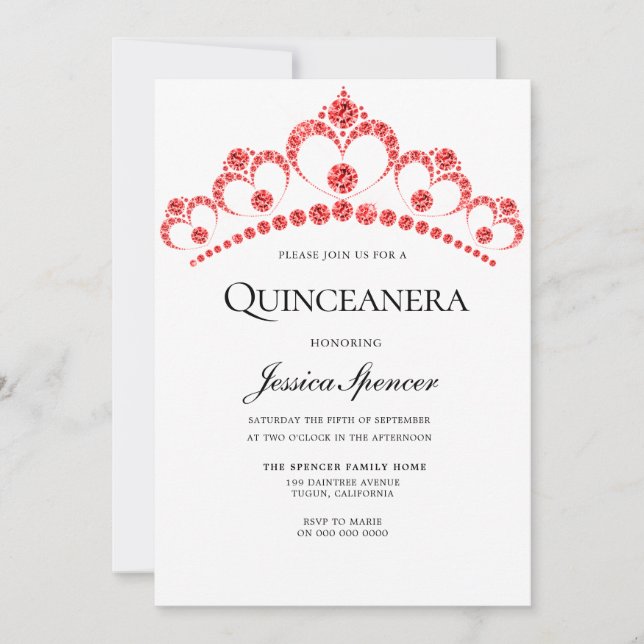 Invitación de Fiesta de Red Diamond Tiara Quincean (Anverso)