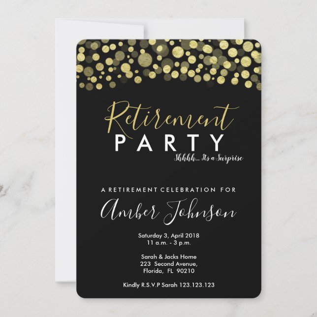 invitación de fiesta de retiro, negro y oro (Anverso)