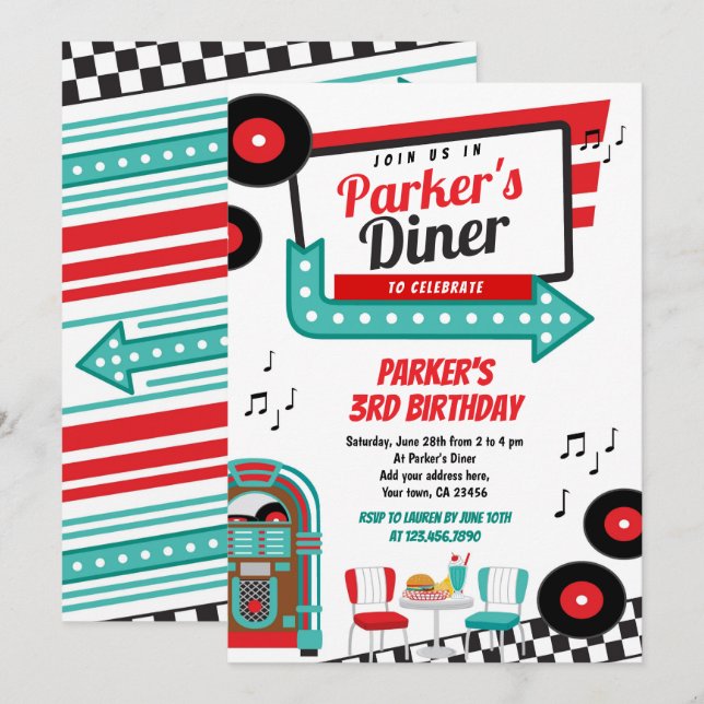 Invitación de fiesta de Retro Diner (Anverso / Reverso)