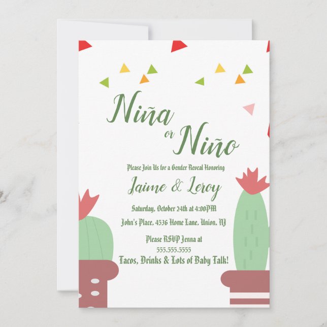 Invitación de fiesta de revelación de género Cactu (Anverso)