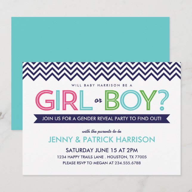 Invitación de fiesta de revelación del género del  (Anverso / Reverso)