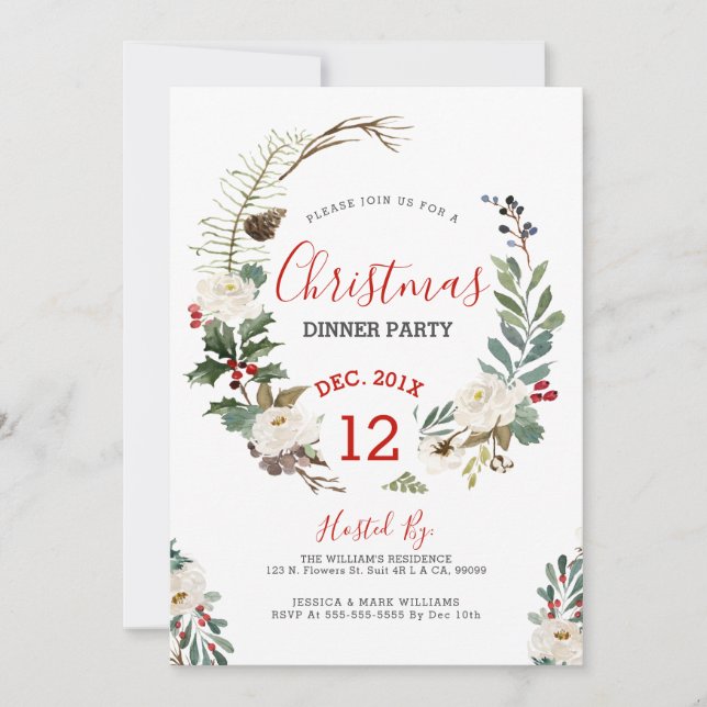 Invitación de fiesta de rosas blancas y Navidades  (Anverso)