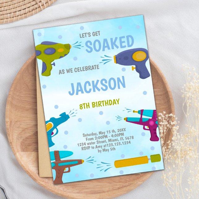 Invitación de Fiesta de salpicaduras de verano edi (Yellow Blue Water Gun Invitations)