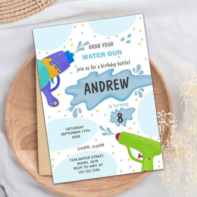 Invitación de Fiesta de salpicaduras de verano edi (Blue Green Water Gun Birthday Invitations)