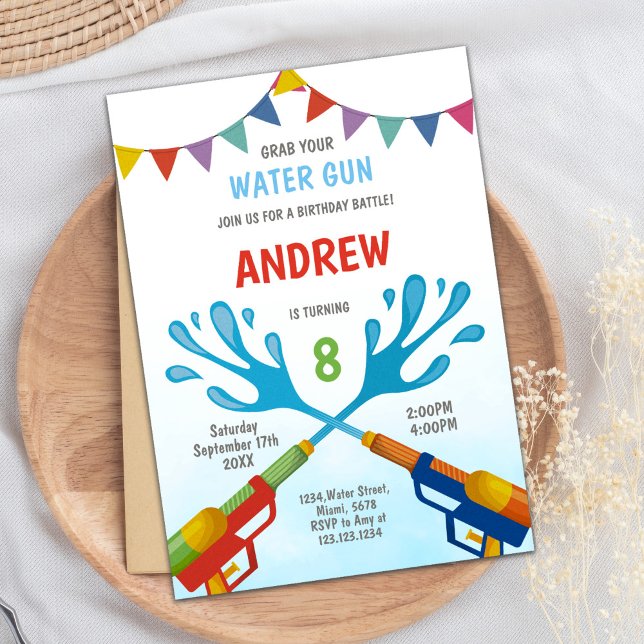 Invitación de Fiesta de salpicaduras de verano edi (Red Blue Water Gun Invitations)