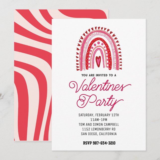 invitación de fiesta de San Valentín rosa y rojo (Anverso / Reverso)
