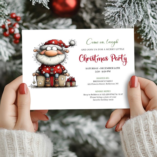 Invitación de fiesta de Santa juguetona y extravag (Playful Quirky Santa Hand Drawn Party Invitation)