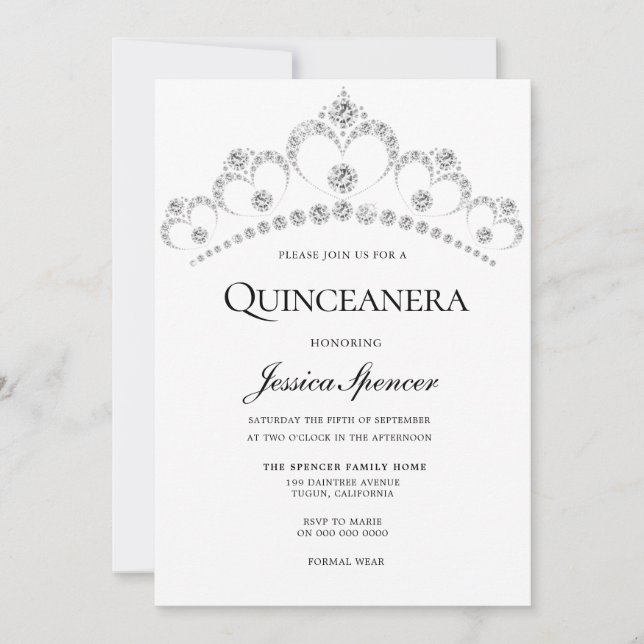 Invitación de Fiesta de Silver Diamond Tiara Quinc (Anverso)