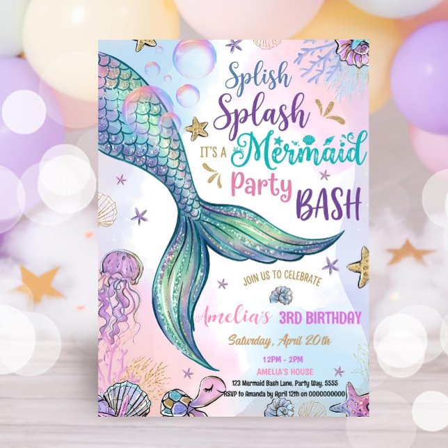 Invitación de fiesta de sirena brillante editable  (Subido por el creador)