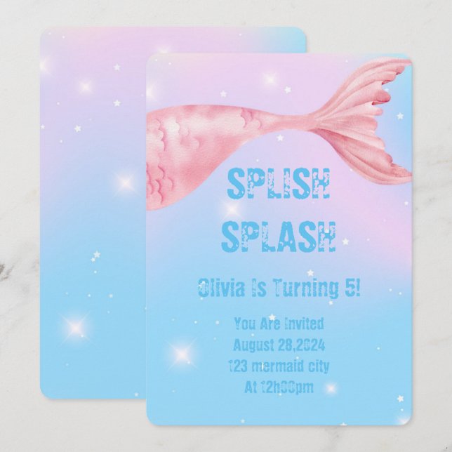 Invitación de fiesta de sirena para niñas (Anverso / Reverso)
