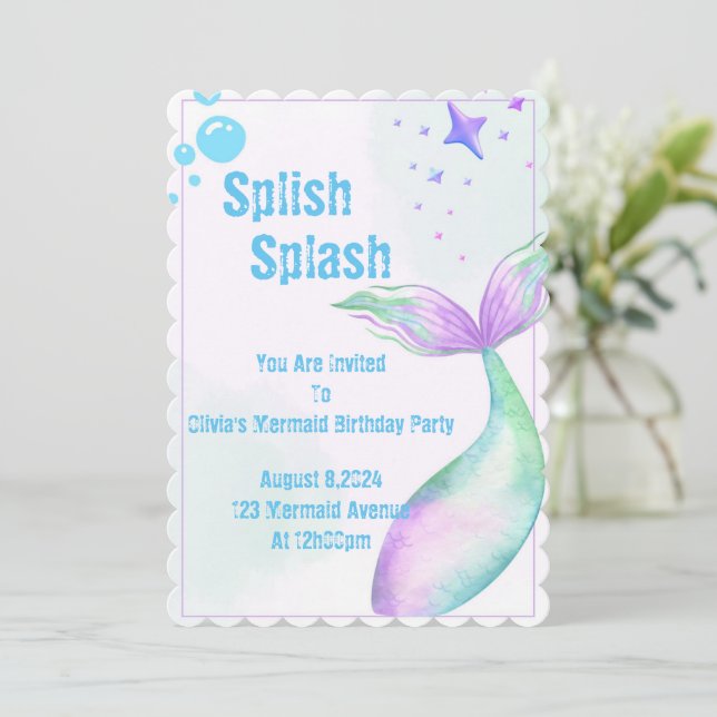 Invitación de fiesta de sirena para niñas (Anverso de pie)