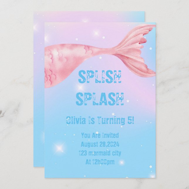 Invitación de fiesta de sirena para niñas (Anverso / Reverso)