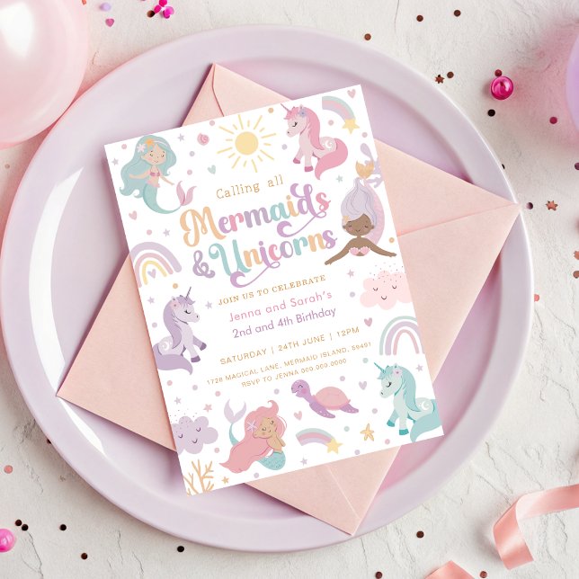 Invitación de fiesta de sirena unicornio (Mermaid and Unicorn Joint Birthday Invitation)