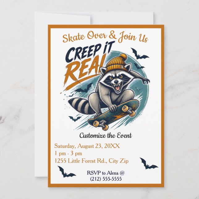 Invitación de fiesta de skateboard de mapache Cree (Anverso)