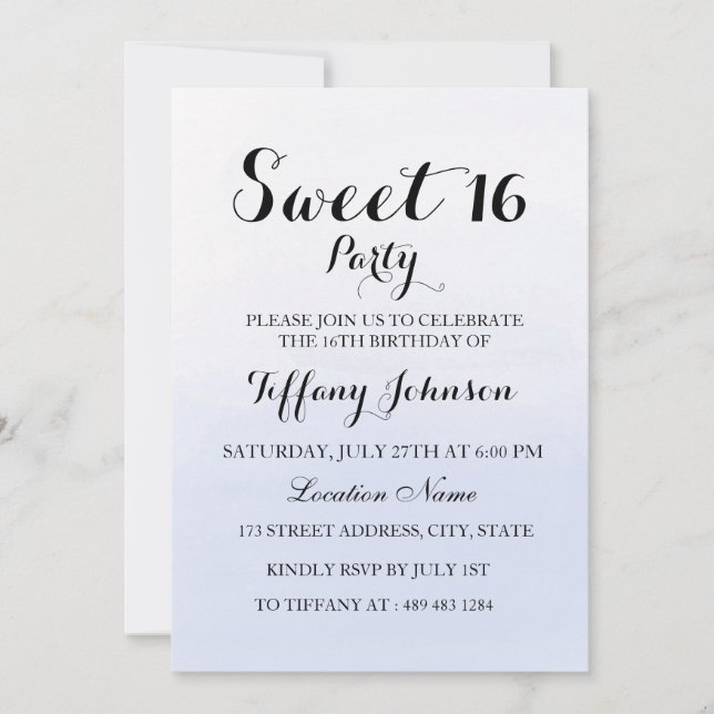 Invitación de fiesta de Sky Blue Pastel Sweet 16 P (Anverso)