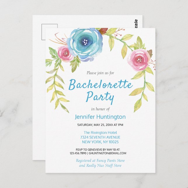 Invitación de fiesta de soltera con flores acuarel (Anverso / Reverso)