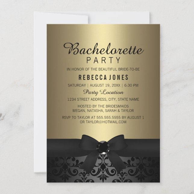 Invitación de fiesta de soltera con lazo negro y d (Anverso)