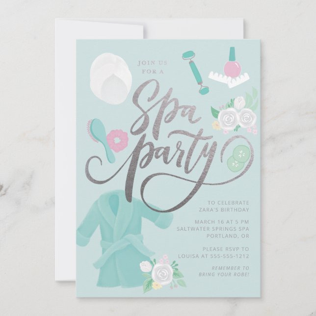 Invitación de fiesta de spa elegante azul con fals (Anverso)