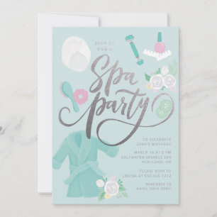 Invitación de fiesta de spa elegante azul con fals
