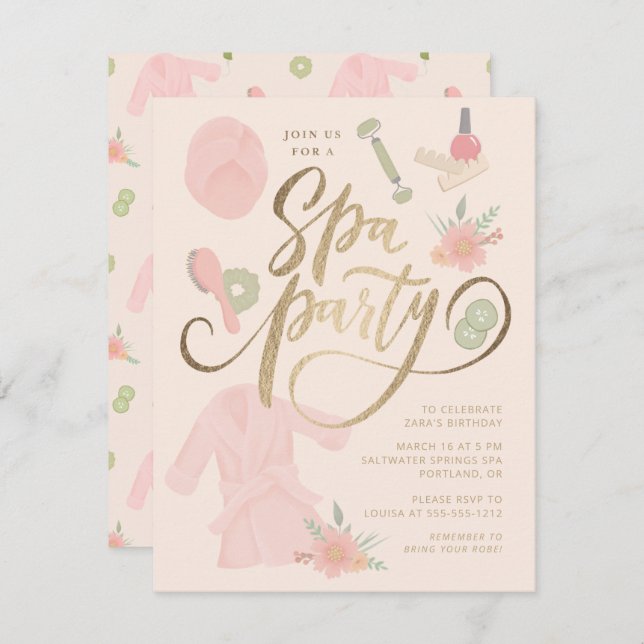 Invitación de fiesta de spa elegante con falso oro (Anverso / Reverso)