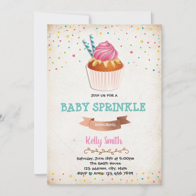 invitación de fiesta de sprinkles de bebé Cupcake (Anverso)
