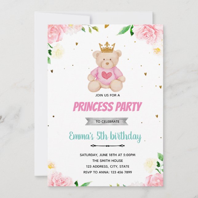 Invitación de fiesta de sueño de princesa de oso (Anverso)