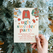 Invitación de fiesta de suéter feo de Navidad retr