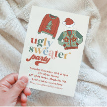 Invitación de fiesta de suéter feo de Navidad retr