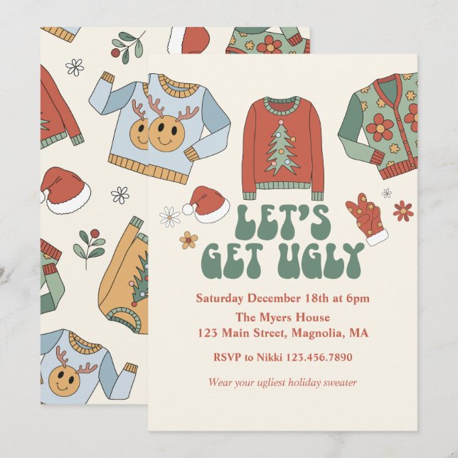 Invitación de fiesta de suéter feo de Navidad retr (Anverso / Reverso)