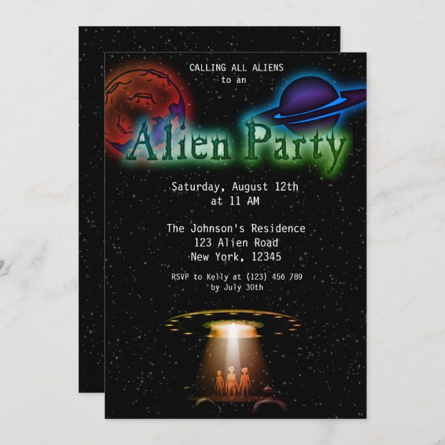 Invitación de Fiesta de Super Guay Alien y OVNI (Anverso / Reverso)