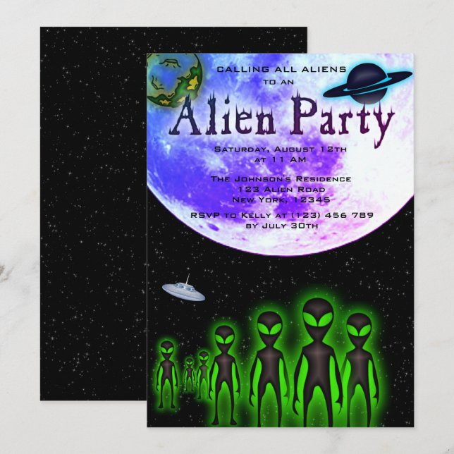 Invitación de Fiesta de Super Guay Alien y OVNI (Anverso / Reverso)