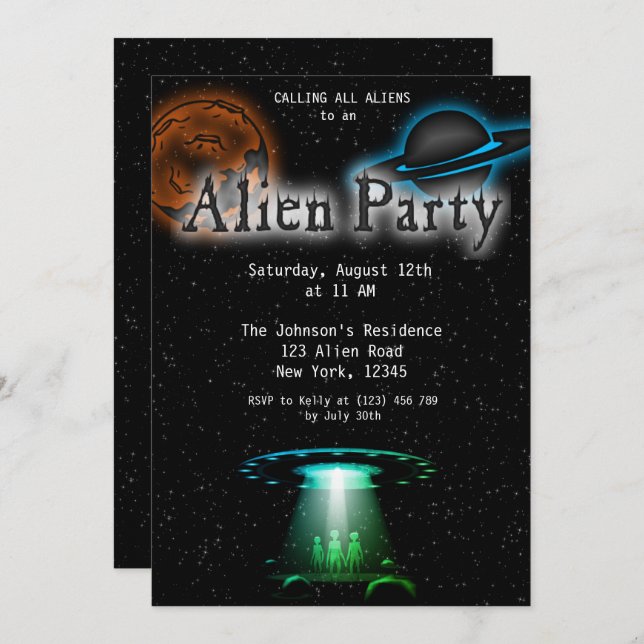 Invitación de Fiesta de Super Guay Alien y OVNI (Anverso / Reverso)