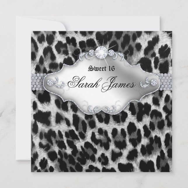 Invitación de fiesta de Sweet 16 Leopardo Blanco N (Anverso)