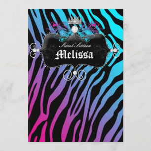 Invitación de fiesta de Sweet Sixteen cebra azul r