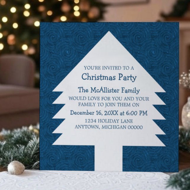 Invitación de Fiesta de Swirls Blue Christmas Tree (Blue Christmas Tree Swirls Party Invitation)