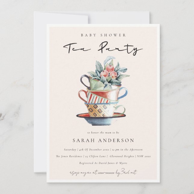 Invitación de Fiesta de té Baby Shower apilado de  (Anverso)