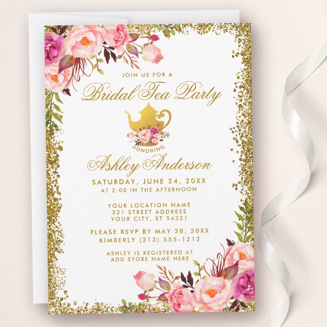 Invitación de Fiesta de té de novia con flor rosa  (Customize to change text color, size or text style.)