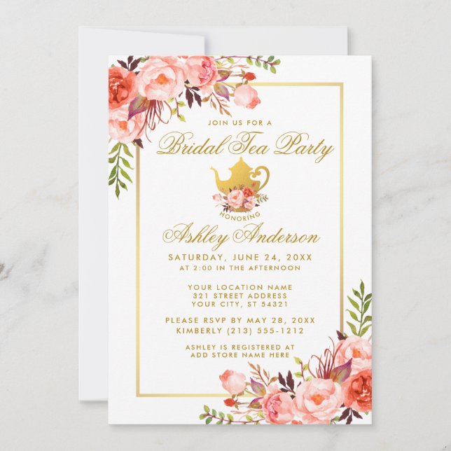 Invitación de Fiesta de té de novia floral de oro  (Anverso)