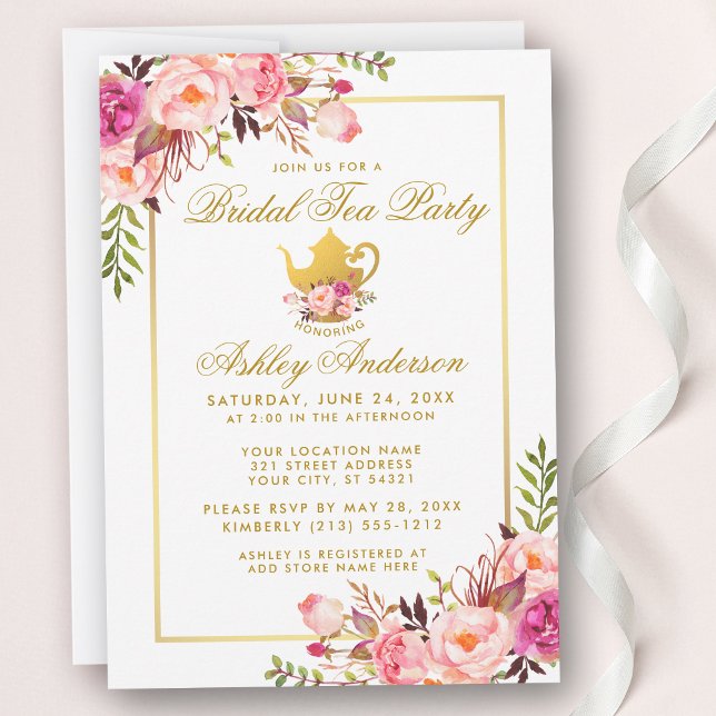 Invitación de Fiesta de té de novia floral de oro  (Customize to change text color,  size or style.)