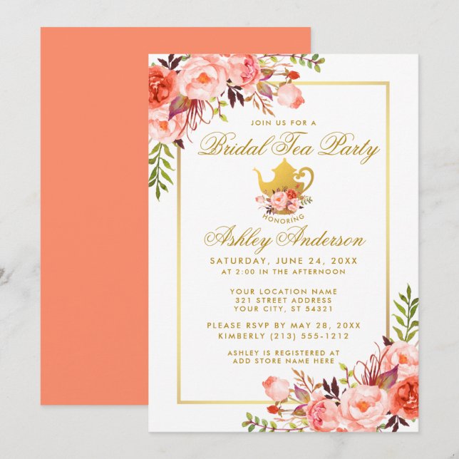 Invitación de Fiesta de té de novias con coral flo (Anverso / Reverso)