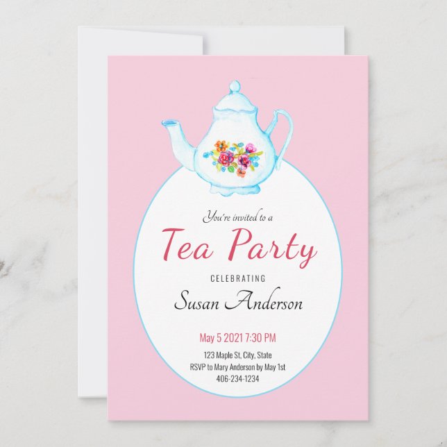 Invitación de fiesta de té floral en acuarela rosa (Anverso)