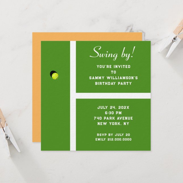 Invitación de fiesta de tenis creativa (Anverso/Reverso In Situ)