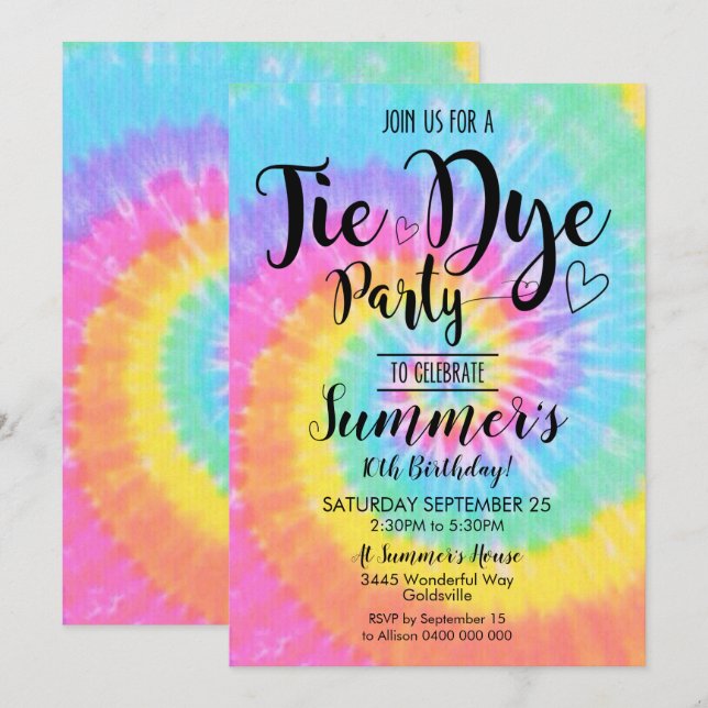Invitación de fiesta de Tie Dye Hippy Tie Dye (Anverso / Reverso)