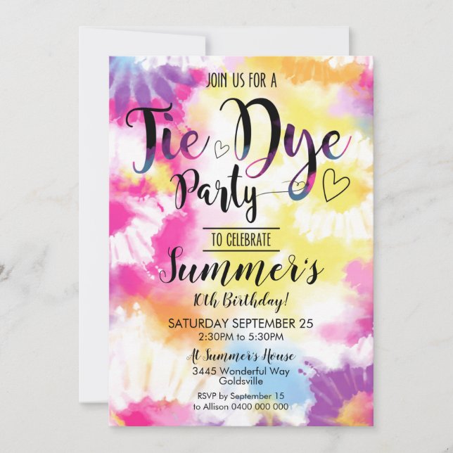 Invitación de fiesta de Tie Dye Hippy Tie Dye (Anverso)