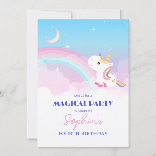 Invitación de fiesta de unicornio con destellos y  (Anverso)