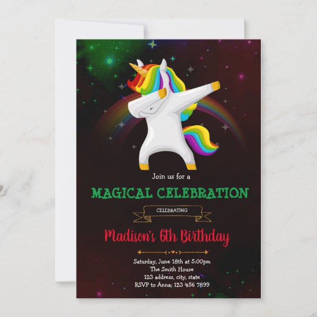 invitación de fiesta de unicornio haciendo dab (Anverso)