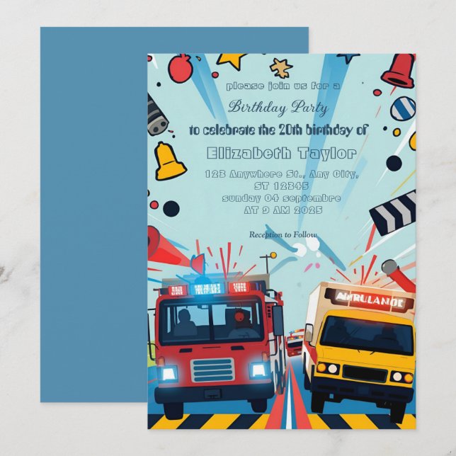 Invitación de fiesta de Vehículos de Emergencia    (Anverso / Reverso)