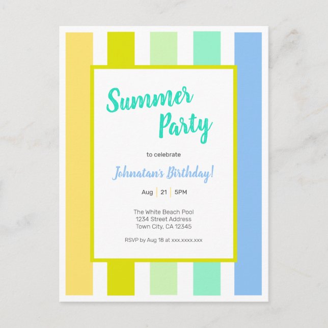 Invitación de fiesta de verano con rayas brillante (Anverso)